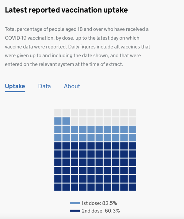 영국의 백신 접종현황(6월 22일 기준). 옅은 청색은 1차 접종을 완료한 접종 대상자, 짙은 청색은 2차 접종까지 완료한 접종 대상자의 비율을 의미한다. 사진=영국 정부 홈페이지 캡처