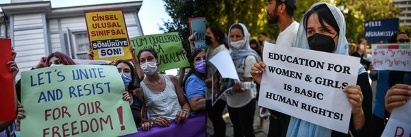 지난 8월 20일, 터키에서 열린 아프간 여성 시위(좌측), 아테네 주재 미국 대사관 밖에서 열린 여성과 아동 인권을 위한 시위(우측) [사진=AFP/연합뉴스]
