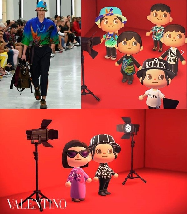 [사진=발렌티노 컬렉션 의상과 '동물의 숲' 내 의상, 발렌티노]