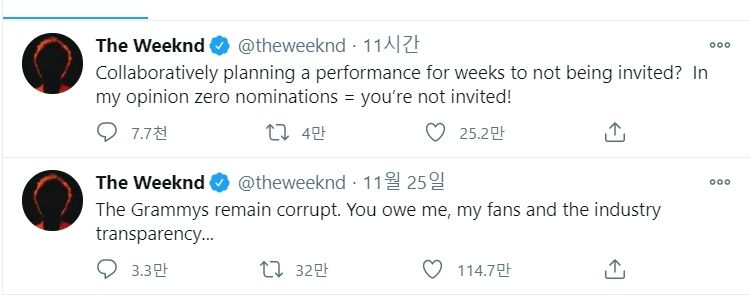 [사진=노미네이트 불발 직후 트위터를 통해 비판한 더 위켄드, 더 위텐드 트위터]