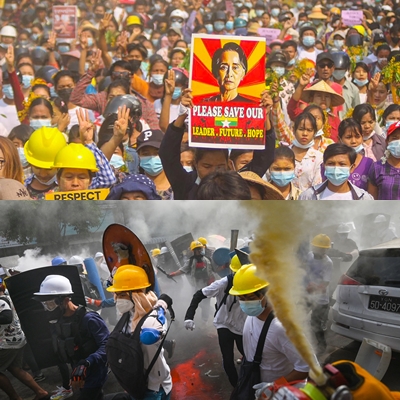 [사진=평화시위 중인 미얀마 국민(위)와 무장한 미얀마 국민(아래), AFP/연합뉴스]
