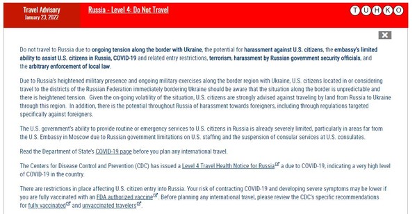 [사진=미 국무부, 러시아 여행 금지. 미 국무부 홈페이지/연합뉴스]