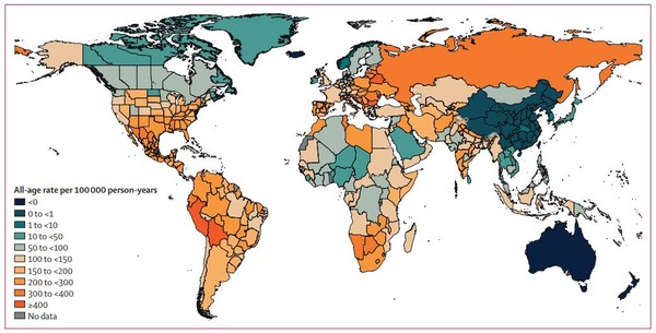 2020∼2021년 코로나19 대유행(팬데믹)으로 인한 국가별 초과 사망률 추정치 지도 [사진=연합뉴스/Lancet 논문 캡처]