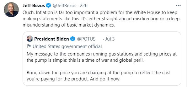 [사진=조 바이든 미국 대통령의 유가 관련 게시물을 비판한 아마존 창업자 제프 베이조스, 베이조스 트위터 캡쳐]