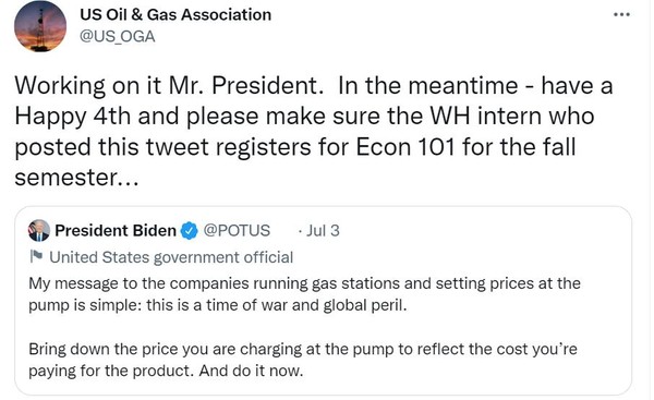 [사진=조 바이든 미국 대통령의 기름값 인하 요구에 반발한 미국 석유가스협회/트위터 캡쳐]