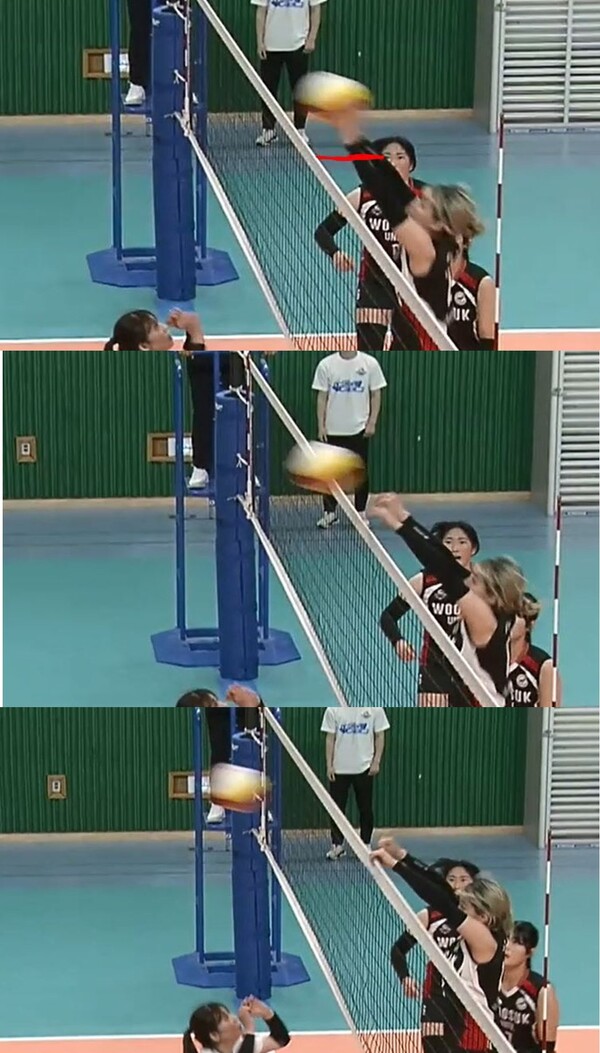 지난 4월 19일 열린 대학배구 U-리그 경기에서 우석대 선수의 ‘반칙 행위’ 정황이 포착된 영상 캡처 화면. 출처=한국대학스포츠협의회 홈페이지