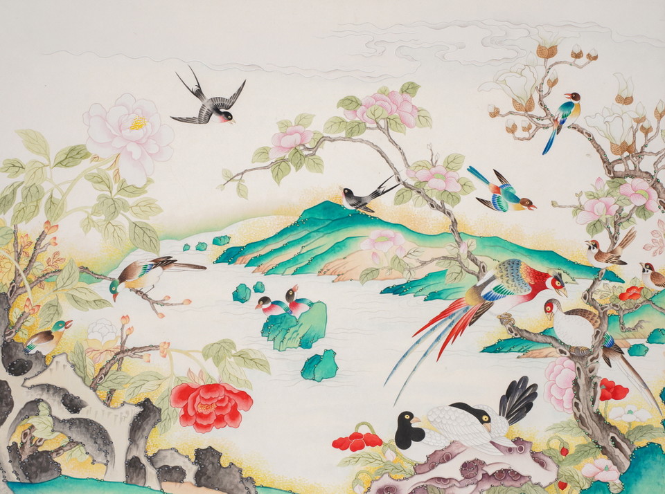 김효순. 화조도. 72×97cm(4ea). 순지에 먹. 분채. 봉채.  2026(사진=세종대)