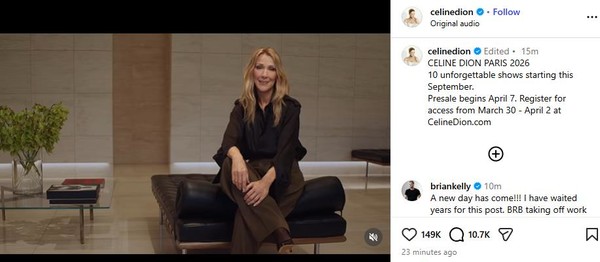 SNS 통해 공연 소식 알린 셀린 디옹. /사진=셀린 디옹 SNS 갈무리. 연합뉴스